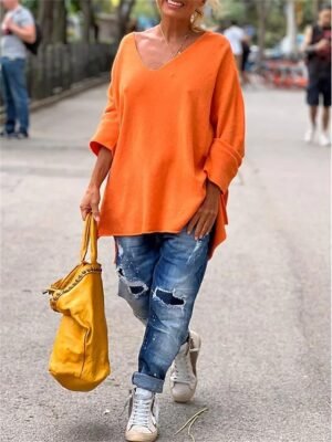 Street Casual Oversized Plain V Neck Long Sleeve Tunic - Image 4