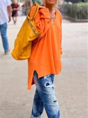 Street Casual Oversized Plain V Neck Long Sleeve Tunic - Image 5