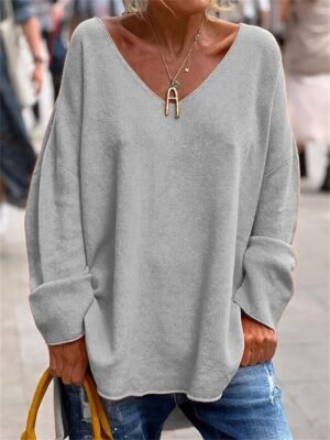 Street Casual Oversized Plain V Neck Long Sleeve Tunic - Image 6