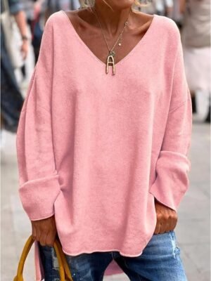 Street Casual Oversized Plain V Neck Long Sleeve Tunic - Image 8