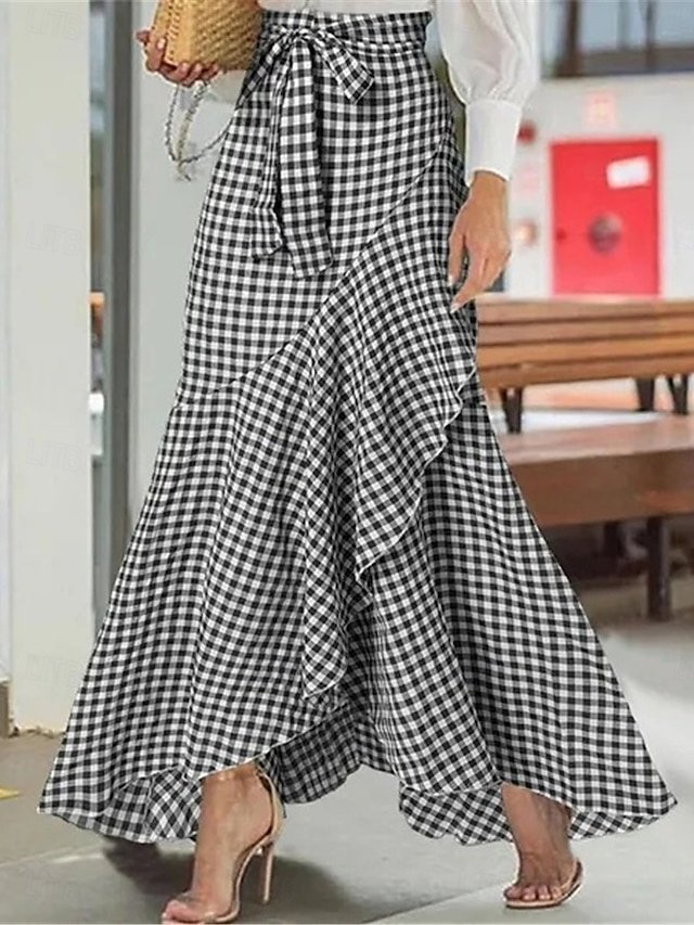 Street Casual Plaid Ruffle Maxi Mermaid Skirt - Image 1