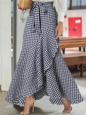 Street Casual Plaid Ruffle Maxi Mermaid Skirt - Image 2