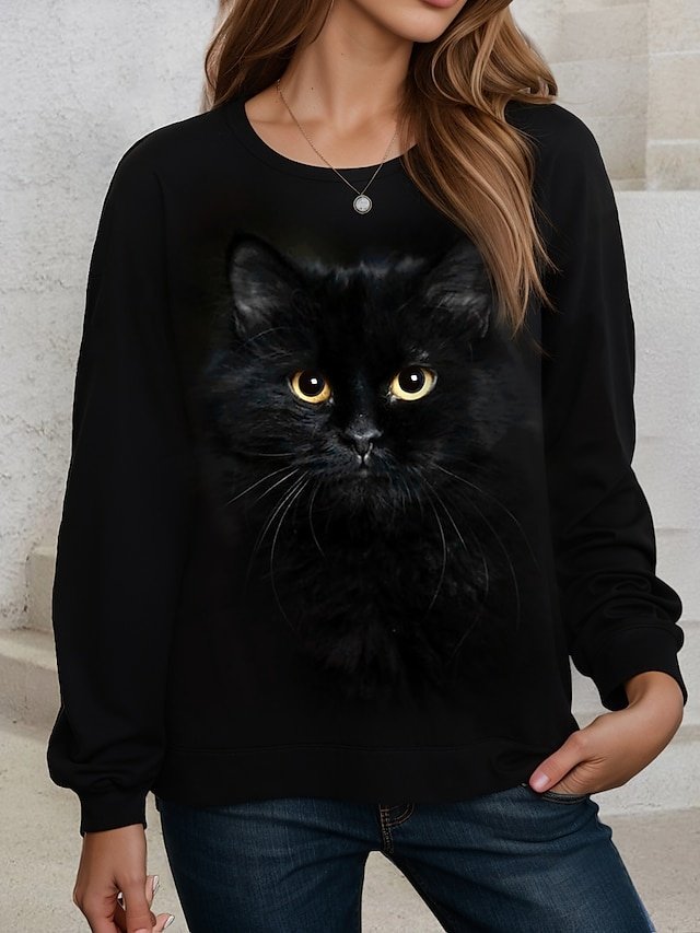 Street Casual Plus Size Cat Print Round Neck Long Sleeve Sweatshirt - Image 1