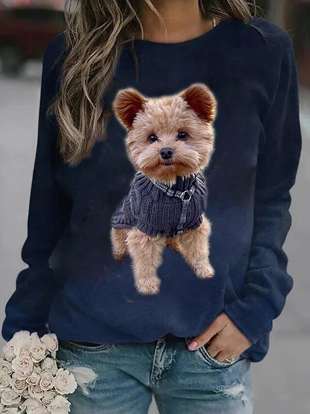 Street Casual Plus Size Dog Print Round Neck Long Sleeve Regular Top - Image 1