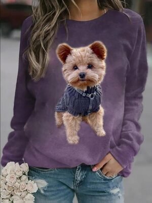 Street Casual Plus Size Dog Print Round Neck Long Sleeve Regular Top - Image 2