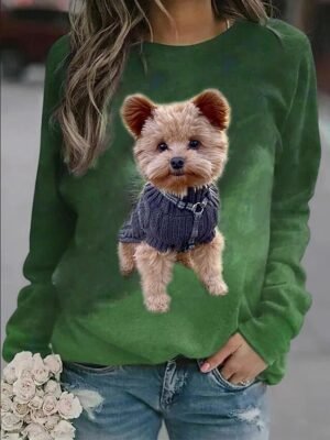Street Casual Plus Size Dog Print Round Neck Long Sleeve Regular Top - Image 3