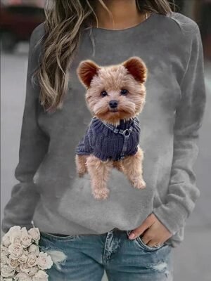 Street Casual Plus Size Dog Print Round Neck Long Sleeve Regular Top - Image 4
