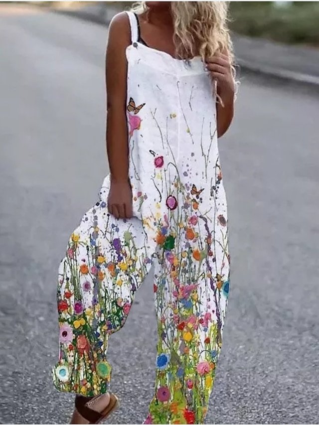 Street Loose Fit Floral Cold Shoulder Sleeveless Wide Leg Jumpsuit - Image 2