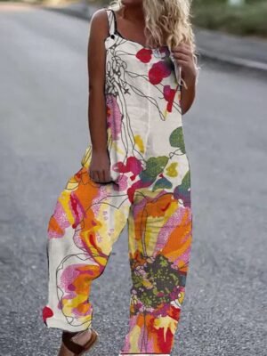 Street Loose Fit Floral Cold Shoulder Sleeveless Wide Leg Jumpsuit - Image 3