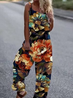 Street Loose Fit Floral Cold Shoulder Sleeveless Wide Leg Jumpsuit - Image 5