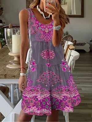 Street Loose Fit Floral V Neck Sleeveless Mini Dress - Image 25