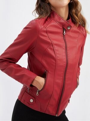 Street Loose Plain Stand Collar Long Sleeve Leather Jacket - Image 1