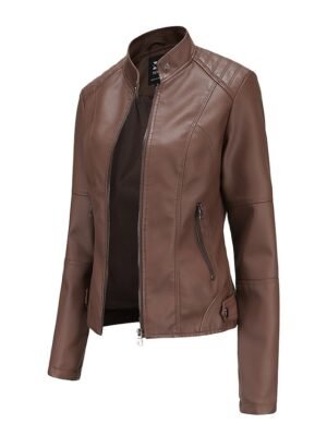 Street Loose Plain Stand Collar Long Sleeve Leather Jacket - Image 10