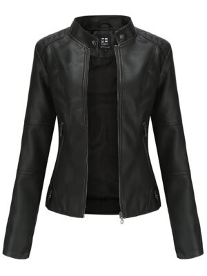 Street Loose Plain Stand Collar Long Sleeve Leather Jacket - Image 11