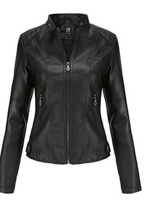 Street Loose Plain Stand Collar Long Sleeve Leather Jacket - Image 12