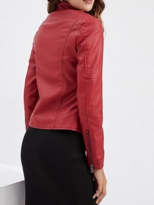 Street Loose Plain Stand Collar Long Sleeve Leather Jacket - Image 2