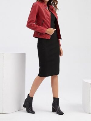 Street Loose Plain Stand Collar Long Sleeve Leather Jacket - Image 4