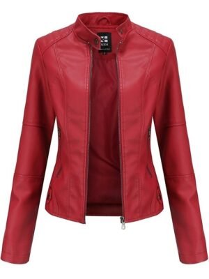 Street Loose Plain Stand Collar Long Sleeve Leather Jacket - Image 6
