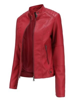 Street Loose Plain Stand Collar Long Sleeve Leather Jacket - Image 8