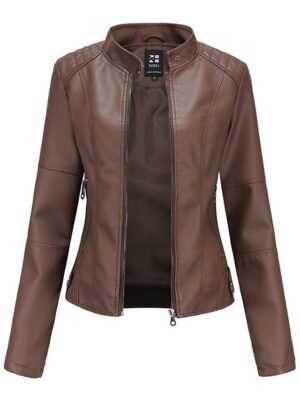 Street Loose Plain Stand Collar Long Sleeve Leather Jacket - Image 9