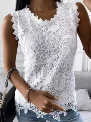 Street Loose Solid Colour Round Neck Sleeveless Lace Camisole - Image 1