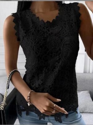 Street Loose Solid Colour Round Neck Sleeveless Lace Camisole - Image 3