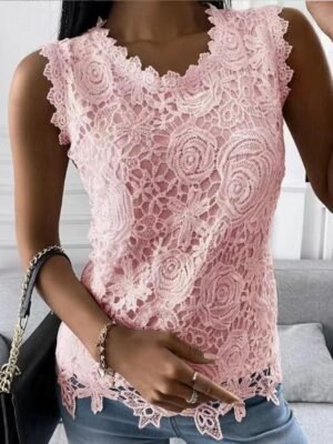 Street Loose Solid Colour Round Neck Sleeveless Lace Camisole - Image 4