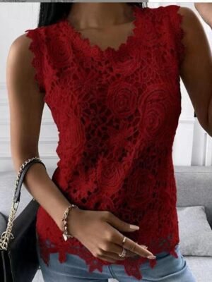 Street Loose Solid Colour Round Neck Sleeveless Lace Camisole - Image 5