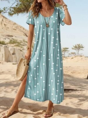 Street Regular Fit Floral Crew Neck Short Sleeve Maxi Dress - Image 10