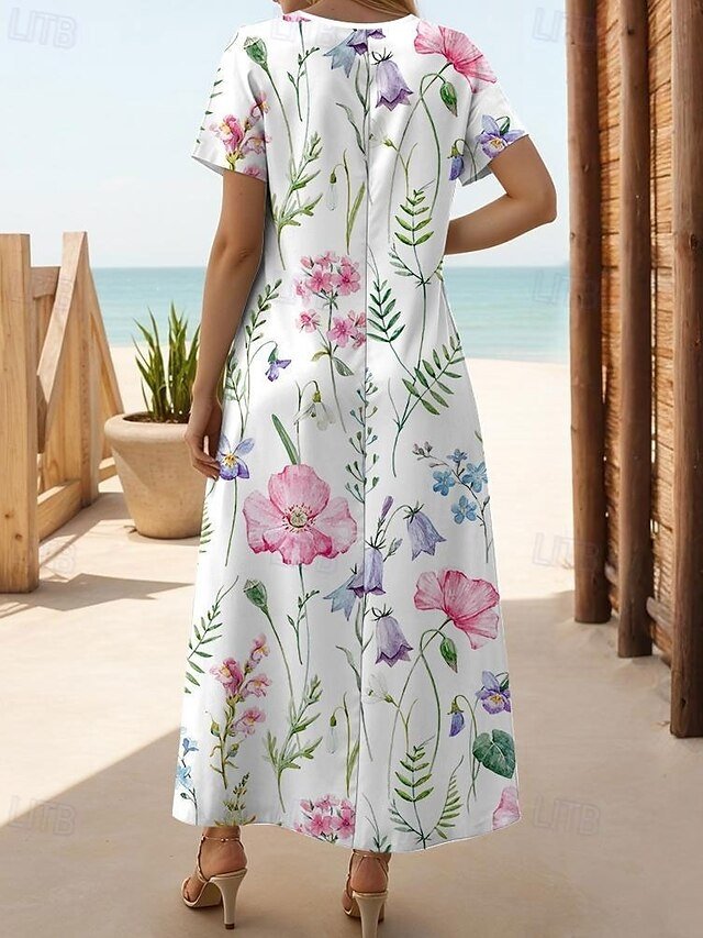 Street Regular Fit Floral Crew Neck Short Sleeve Maxi Dress - Image 2