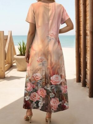 Street Regular Fit Floral Crew Neck Short Sleeve Maxi Dress - Image 5