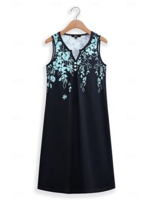 Street Regular Fit Floral Leaf Split Neck Sleeveless Mini Dress - Image 13