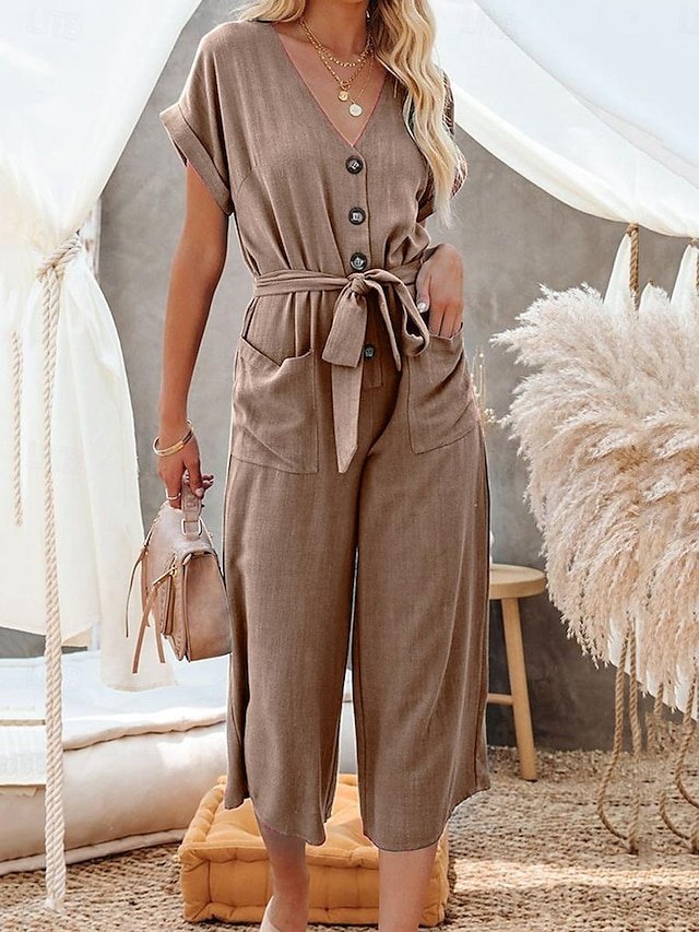 Street Regular Fit Solid Colour Shirt Collar Short Sleeve Jumpsuit - Image 1