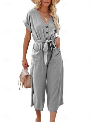 Street Regular Fit Solid Colour Shirt Collar Short Sleeve Jumpsuit - Image 11
