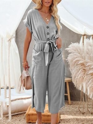 Street Regular Fit Solid Colour Shirt Collar Short Sleeve Jumpsuit - Image 12