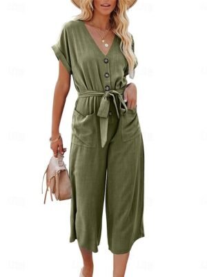Street Regular Fit Solid Colour Shirt Collar Short Sleeve Jumpsuit - Image 16
