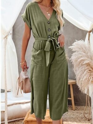 Street Regular Fit Solid Colour Shirt Collar Short Sleeve Jumpsuit - Image 17
