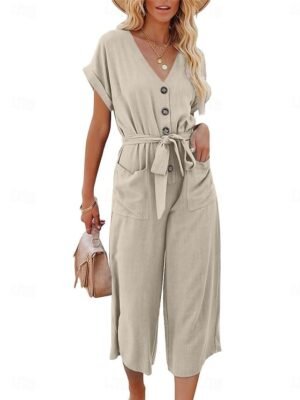 Street Regular Fit Solid Colour Shirt Collar Short Sleeve Jumpsuit - Image 21