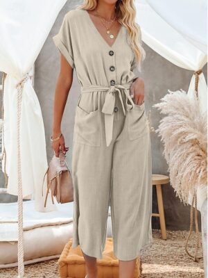 Street Regular Fit Solid Colour Shirt Collar Short Sleeve Jumpsuit - Image 22