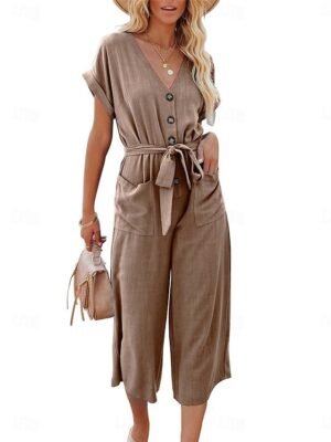 Street Regular Fit Solid Colour Shirt Collar Short Sleeve Jumpsuit - Image 5