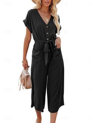 Street Regular Fit Solid Colour Shirt Collar Short Sleeve Jumpsuit - Image 6
