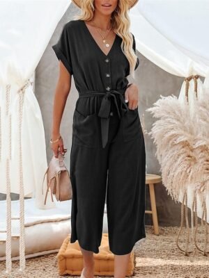 Street Regular Fit Solid Colour Shirt Collar Short Sleeve Jumpsuit - Image 7