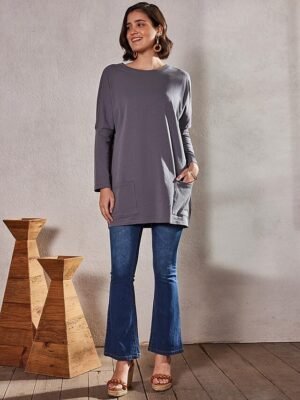 Street Regular Solid Round Neck Short Sleeve Tunic Top - Image 2