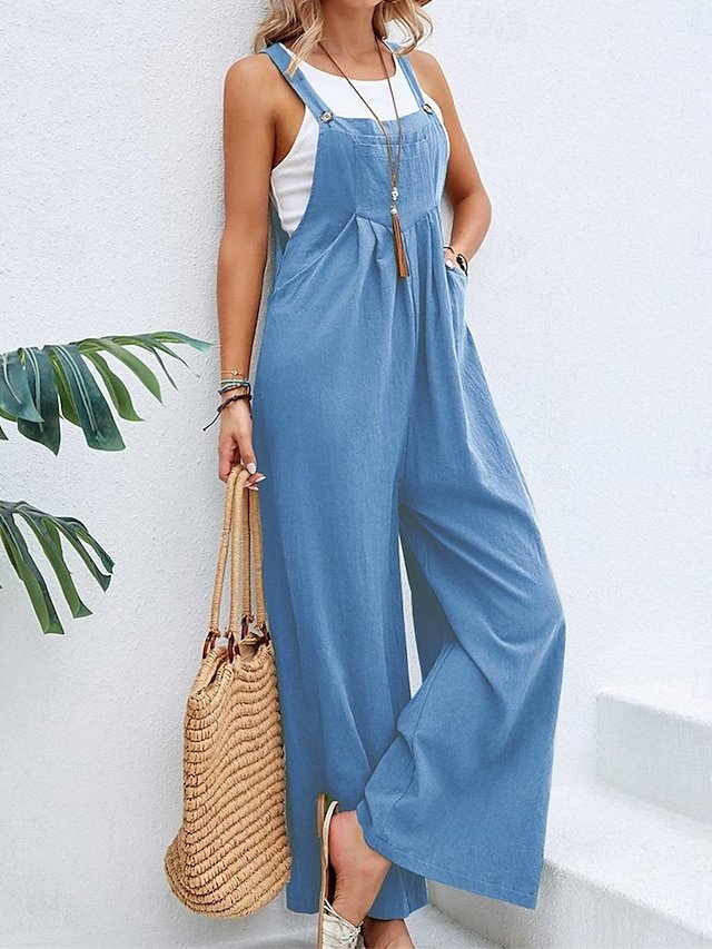 Street Regular Solid Square Neck Sleeveless Long Dungarees - Image 1