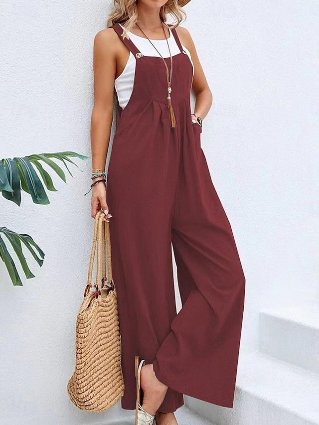Street Regular Solid Square Neck Sleeveless Long Dungarees - Image 2