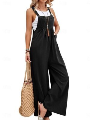 Street Regular Solid Square Neck Sleeveless Long Dungarees - Image 7