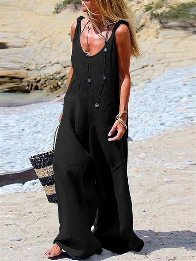 Street Regular Solid V Neck Sleeveless Long Dungarees - Image 1