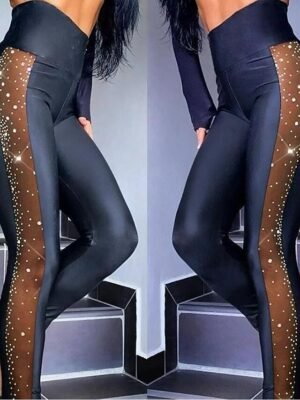 Street Slim Sequins Mesh High Rise Full Length Tights - Image 2