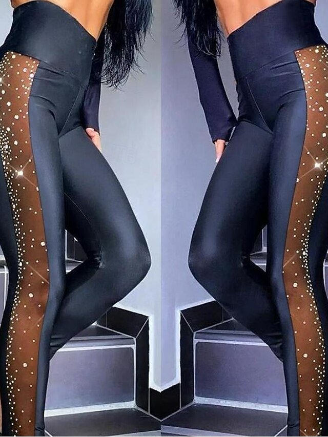 Street Slim Sequins Mesh High Rise Full Length Tights - Image 2