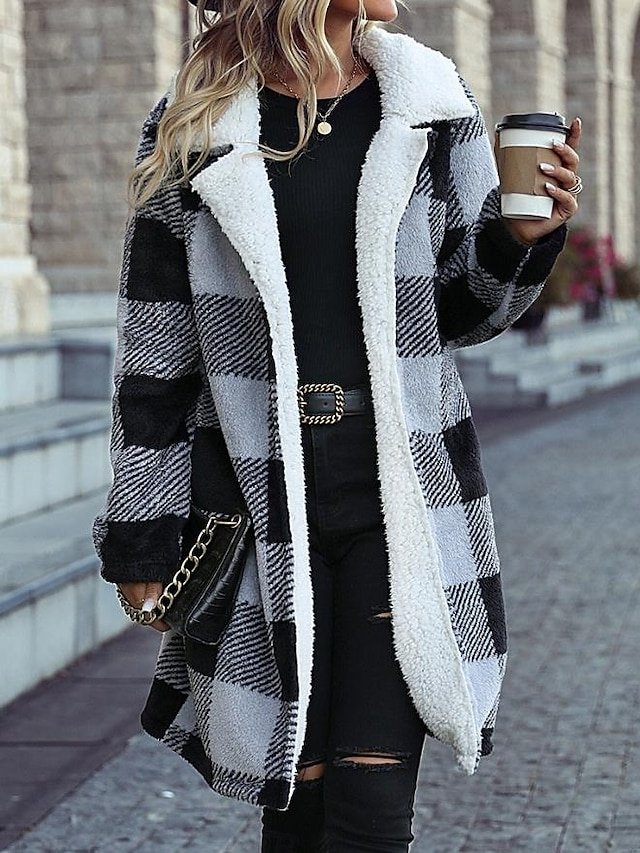 Street Style Loose Stripes Plaid Fur Collar Long Sleeve Long Coat - Image 1